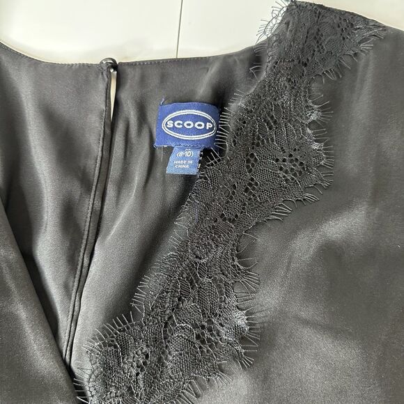 Scoop Satin Midi Dress Sz M Black Lace Trim Cocktail Whimsy Witchy Dark Romantic - Picture 13 of 16
